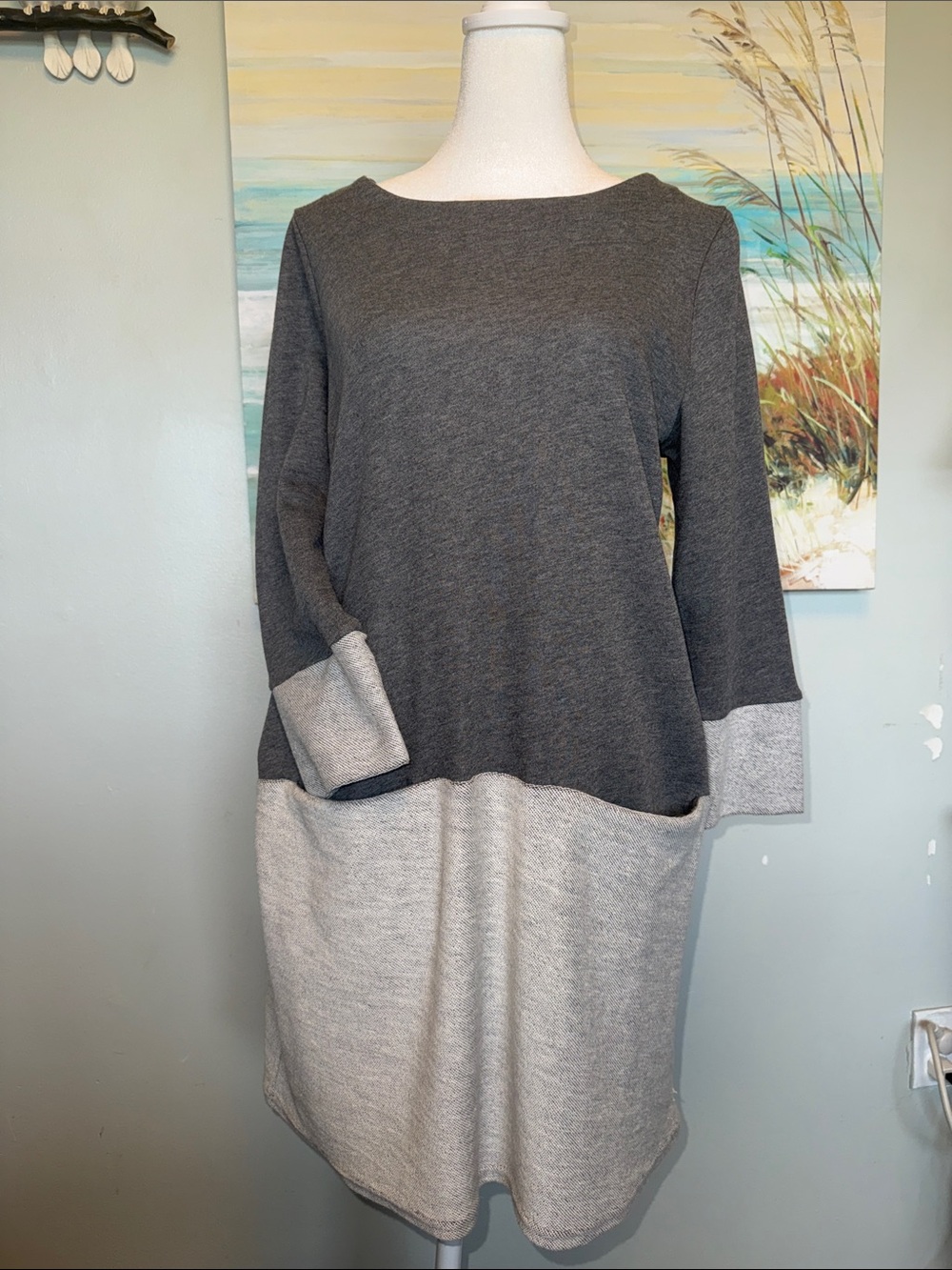 Two-Tone Gray Long Sleeve Knit Dress